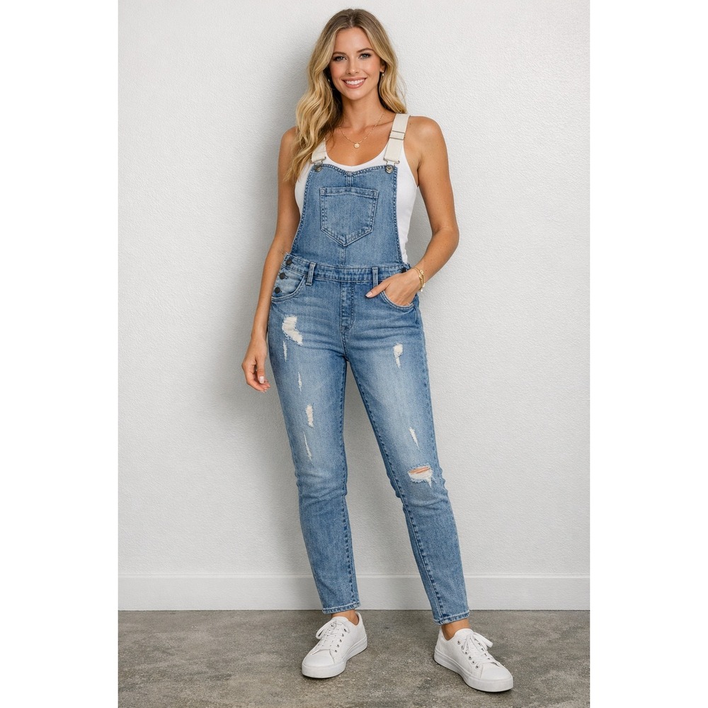 Wildfox Denim‎ Overalls Womens M Distressed Skinny Bib Blue Stretch